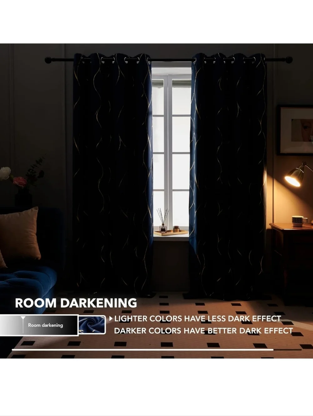 Deconovo Gold And Navy Wave Print Blackout Curtains Set (2 Panels)